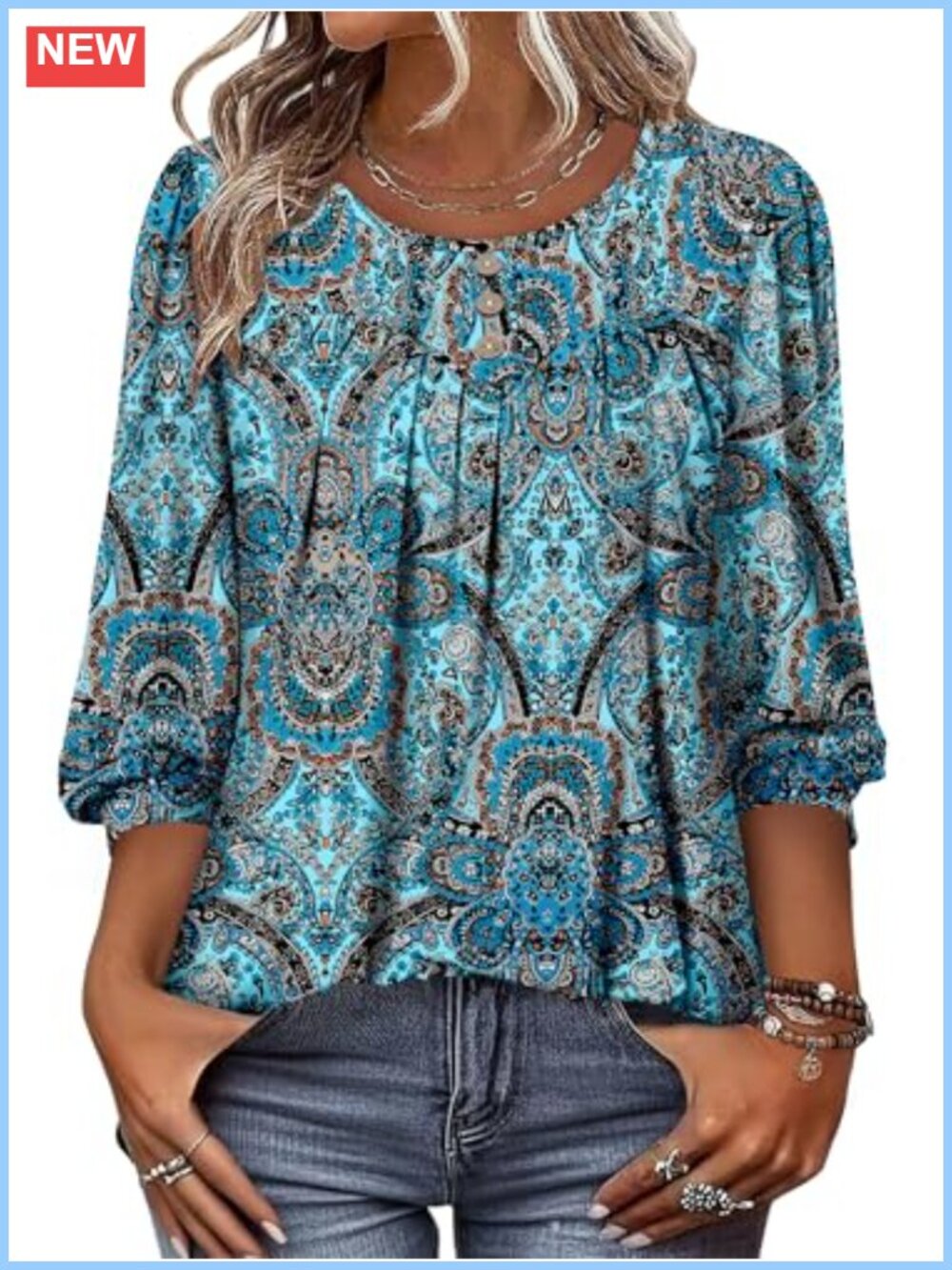 Women's 3/4 Sleeve Blouse Loose Fit Henley Tunic Top with Pleated Ruffle Front